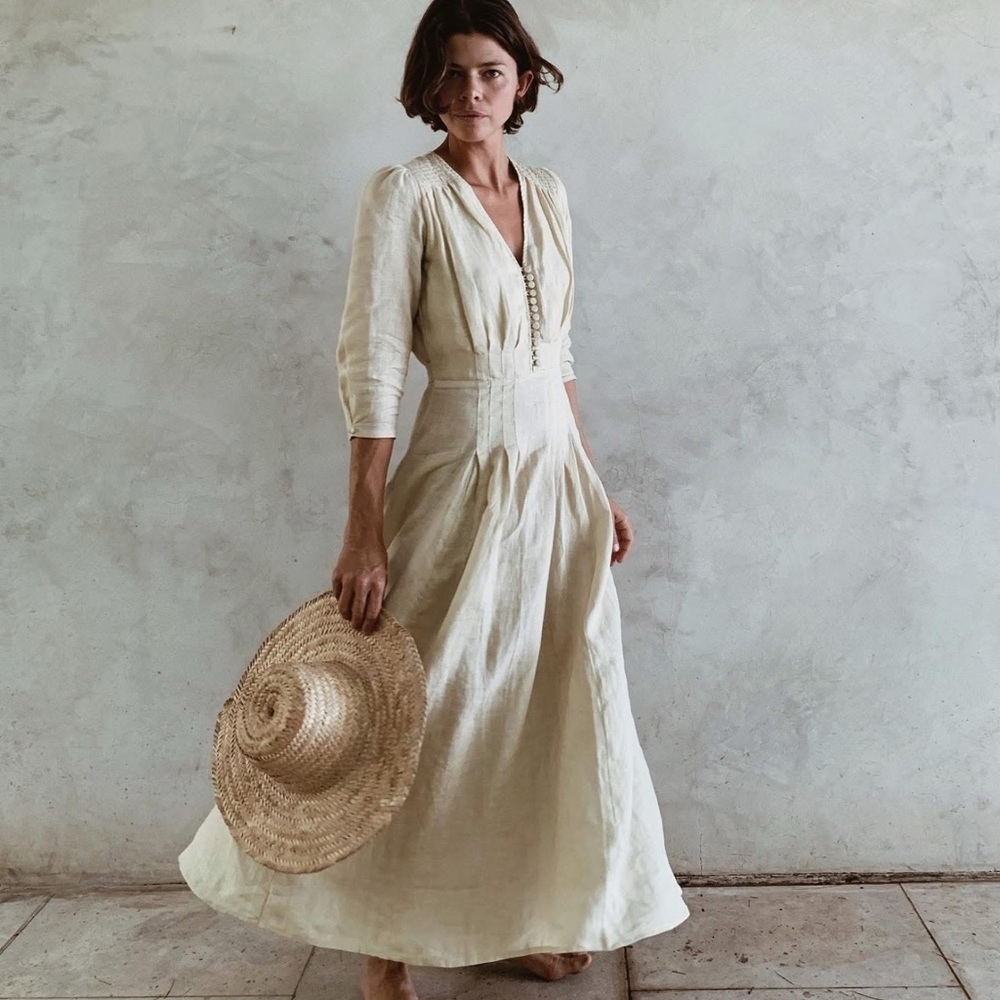 Women’s Long Sleeve Linen Maxi Dress in Cream